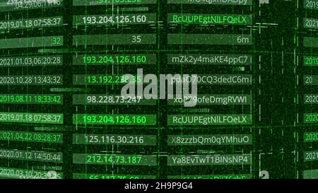 Hacking di password e indirizzi. Animazione. Le password e gli indirizzi sono pubblicamente disponibili dopo essere stati violati dagli hacker. Configurazioni password in t Foto Stock