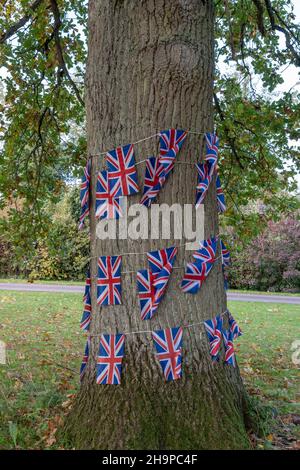 Union Jack ha avvolto intorno ad un tronco di albero, Village Green, Ashby St Ledgers, Northamptonshire, Regno Unito Foto Stock