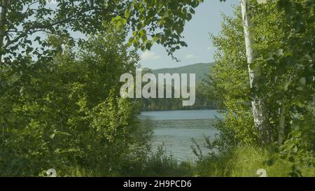 Splendida vista attraverso i grandi alberi verdi su un lago fuori dalla città. Foto Stock