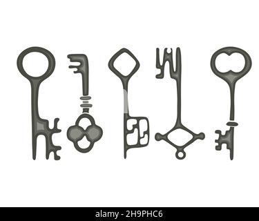 Chiave set vecchio stile vintage tirato a mano doodle, isolato, sfondo bianco. Illustrazione vettoriale Illustrazione Vettoriale