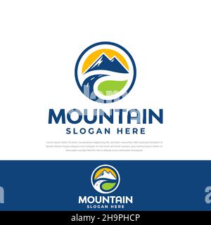 Mountain Valley Sunset logo e landscape.templates, symbols.Icons Illustrazione Vettoriale