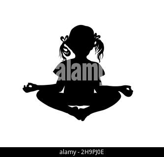 Kids Yoga Poses Vector Illustration. Silhouette di una bambina. Yoga nella posizione del loto. Illustrazione vettoriale Illustrazione Vettoriale