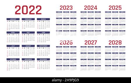 2022-2028 Calendario inglese. calendario 2022. calendario 2023. calendario 2024. calendario 2025. calendario 2026. calendario 2027.calendario 2028. 2022-2028 almanacco. Illustrazione Vettoriale