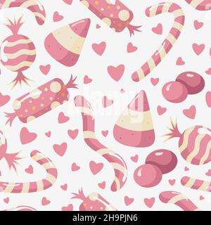 Modello senza cuciture con cuore di caramelle circondato da dolci diversi. Motivo Kawaii in stile piatto. Illustrazione Vettoriale