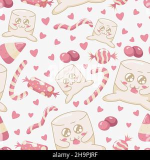 Modello senza cuciture con marshmallow kawaii masticare un cuore di caramelle circondato da dolci diversi. Kawaii Marshmallow personaggi in stile piatto. Illustrazione Vettoriale