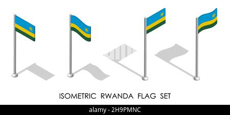 Bandiera isometrica della Repubblica DEL RUANDA in posizione statica e in movimento sul flagpole. 3d vettore Illustrazione Vettoriale