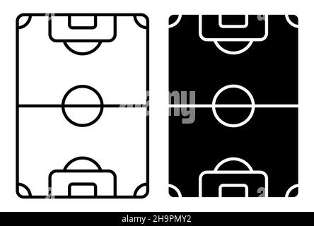 Icona lineare. Linee di marcatura del campo di calcio. Vista dall'alto del parco giochi da calcio. Campo sportivo per attività ricreative attive. ISO vettoriale bianco e nero semplice Illustrazione Vettoriale