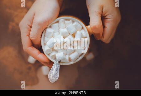 Una donna tiene una tazza beige con cacao caldo e fragrante e marshmallows dolci bianchi. Un bel drink al mattino. Vista dall'alto. Igge. Foto Stock