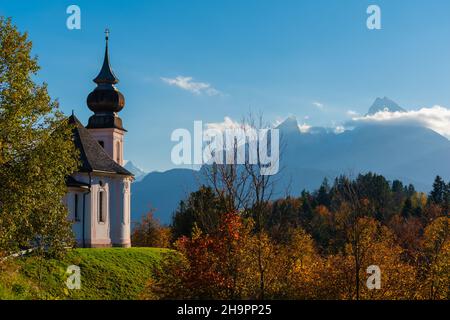 Wallfahrtskirche o chiesa parrocchiale Maria Gern, Berchtesgaden, Alpi bavaresi, alta Baviera, Germania meridionale Foto Stock