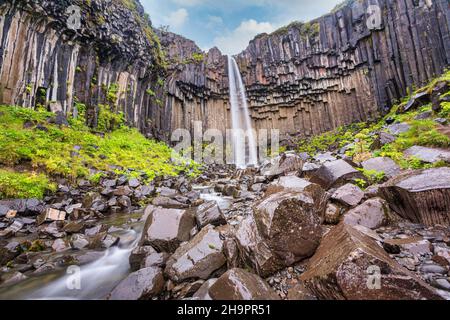 Cascata di Svartifoss, dettaglio della parte superiore della cascata più bella dell'Islanda meridionale Foto Stock