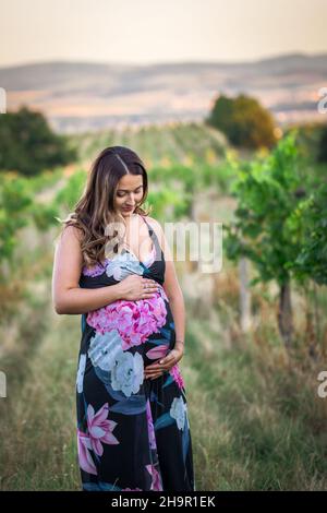 Donna incinta che stroking il suo ventre. Felice giovane donna in attesa del neonato Foto Stock