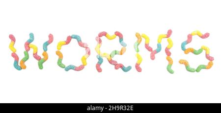 VERMI di parole fatti da caramelle gommosi multicolore isolate su sfondo bianco Foto Stock
