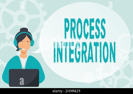 Scrittura visualizzazione del testo integrazione del processo. Concetto Internet connettività dei servizi di sistema e Information Lady Call Center Illustrazione con Foto Stock