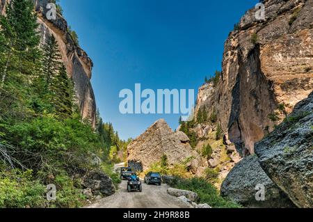 ATV e UTV nel Crazy Woman Canyon, Bighorn National Forest, vicino a Buffalo, Wyoming, USA Foto Stock