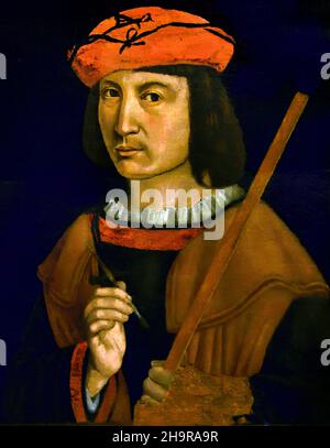 Macrino d'Alba (1495-1513) - Autoritratto, 1495-1496 Italia, italiano. È stato un pittore italiano del Rinascimento, attivo principalmente in Piemonte, noto per le sue pale d'altare e i suoi ritratti. Il suo nome di nascita era Gian Giacomo de' Alladio. Foto Stock