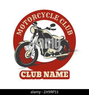 Emblema del Motorcycle Club disegnato in stile retrò isolato su bianco. Illustrazione vettoriale. Illustrazione Vettoriale