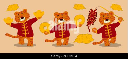 Una serie di cuccioli di tigre cartoon con le caratteristiche tradizionali del Capodanno cinese. Cinese 2022 anno segno. Corea lunare anno nuovo. Poster con banner per le festività Illustrazione Vettoriale