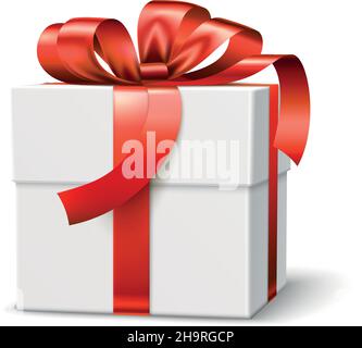 Presentare la scatola con nastro rosso. Arco regalo realistico Illustrazione Vettoriale