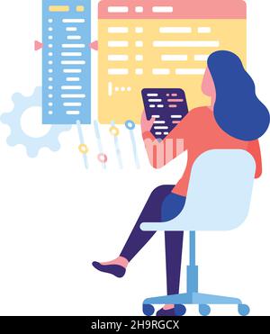 Donna che lavora con il codice. Processo di debug nello sviluppo del software Illustrazione Vettoriale