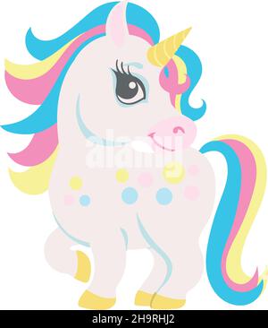 Simpatico unicorno in piedi. Felice animale cartoon sorridente Illustrazione Vettoriale