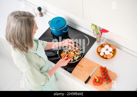 Alto sopra alto angolo di vista ritratto di attraente donna grigio-capelli che fa pasti domestici ricetta friggere ingredienti a casa luce bianco indoor Foto Stock