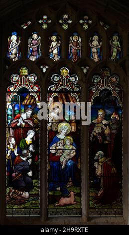 Vetrata della Natività, Preston St Mary Church, Suffolk, Inghilterra, UK 1884 di Ward e Hughes Foto Stock