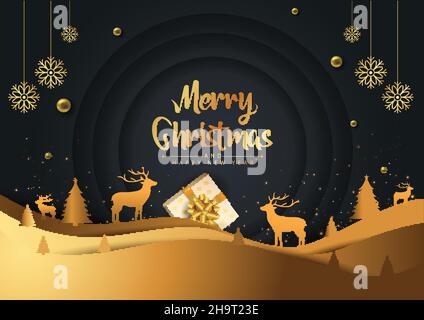 Allegro sfondo rosso di Natale. Collina d'oro di Natale con fiocchi di neve. web banner disegno vettoriale Illustrazione Vettoriale