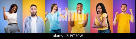 Collage di persone multirazziali overjoyed uomini e donne che celebrano il successo, aggrappando pugni su sfondi colorati Foto Stock