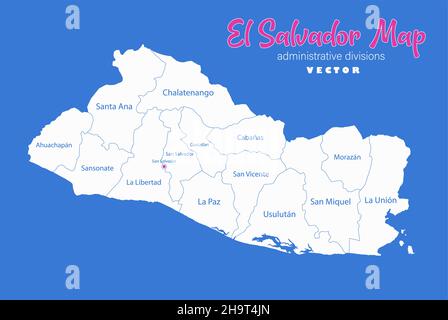 Mappa di El Salvador, divisioni amministrative con nomi di regioni, sfondo blu vettore Illustrazione Vettoriale