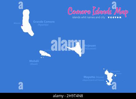 Mappa delle Isole Comoro, nomi delle isole e città, vettore di sfondo blu Illustrazione Vettoriale