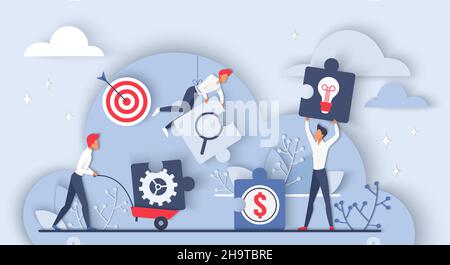 Cooperazione e lavoro di squadra efficaci. Gruppo di dipendenti che lavorano con pezzi di puzzle, comunicazione e processo di collaborazione dinamica della comunità flat vettore illustrazione. Concetto di gestione dei progetti Illustrazione Vettoriale