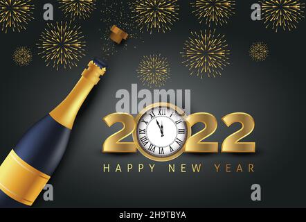 Felice anno nuovo 2022 bottiglia di champagne oro aperta. Biglietto d'auguri o invito elegante festa di vacanza. Disegno vettoriale Illustrazione Vettoriale