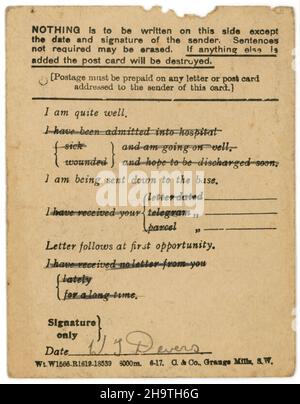 24th maggio 1940. British Expeditionary Force Field Service cartolina inviata in Inghilterra dalla Francia settentrionale durante l'invasione tedesca. Superato dal censore della RAF. Pubblicato due giorni prima dell'evacuazione di Dunkerque. Foto Stock