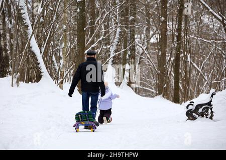 Divertimento in famiglia nel parco invernale, uomo con slitta a piedi sulla neve con un bambino. Padre con capretto, natura dopo nevicate Foto Stock