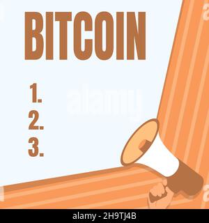 Cartello con la scritta Bitcoin. Panoramica aziendale Cryptocurrency Blockchain token tradable in valuta digitale Illustrazione di mano Holding Megaphone making Foto Stock