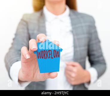 Flusso di lavoro del segnale di scrittura manuale. Parola per serie di attività o procedure necessarie per completare un compito Una giovane signora Businesswoman Holding presentare Foto Stock