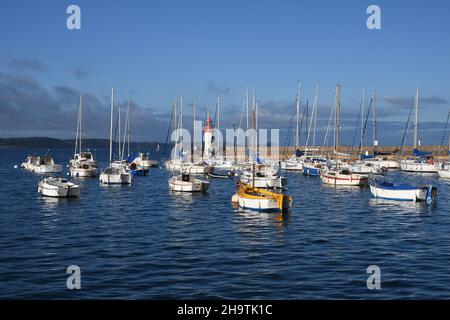 Barche a vela illuminate al sole nel porto di Erquy, faro sullo sfondo , Francia, Bretagna, Departement Cotes-d’Armor, Erquy Foto Stock