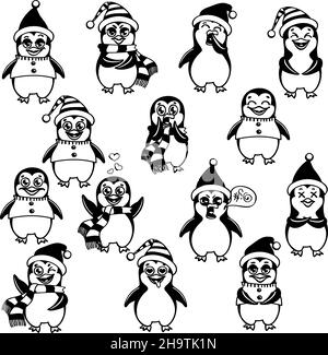 Vettore pinguino di natale nero contorno di un colore Illustrazione Vettoriale