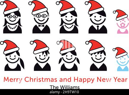 Icone di famiglia con cappello di Santa, volti sorridenti felici, festa di Natale, festa, set di elementi vettoriali di disegno grafico Illustrazione Vettoriale