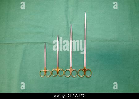 Forbici chirurgiche di diverse dimensioni giacciono affiancate su una base verde Foto Stock