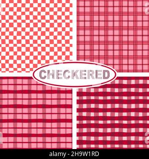 Gen Z Trendy a scacchi con 4 motivi di superficie per la collezione San Valentino in classici colori rosa e rosso per sfondi e altre esigenze di design. Illustrazione Vettoriale