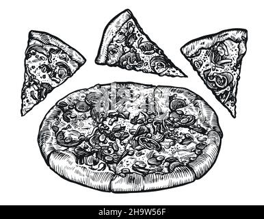 Pizza intera e fette. Pepperoni disegnati a mano. Sketch stile tradizionale cucina italiana Illustrazione Vettoriale