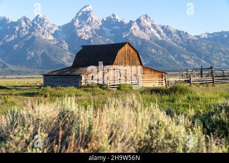 John Moulton Barn a Mormon Row nel Grand Teton National Park in una mattinata limpida e soleggiata d'estate Foto Stock