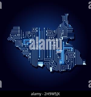 Mappa del Sud Sudan con un circuito di elettronica tecnologica. Illustrazione Vettoriale