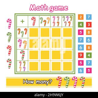 Gioco di formazione matematica per bambini in età prescolare. Quanti bastoni di caramelle contando Natale. Aggiunta, scrivere i numeri. Esercizi di matematica per i bambini. Vettore Illustrazione Vettoriale