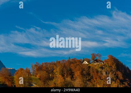 Splendidi colori autunnali e una casa solitaria su una collina nella regione di vacanze Apls bavarese, Berchtesgaden, alta Baviera, Germania meridionale, Europa Foto Stock