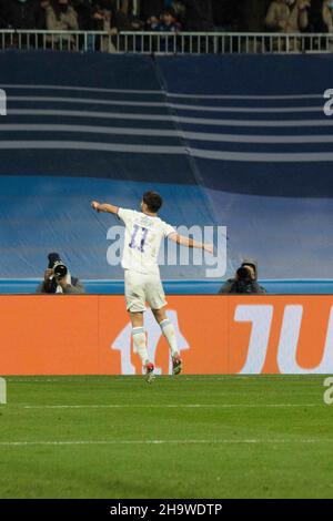 Madrid, Madrid, Spagna. 7th Dic 2021. Asensio festeggia il suo gol.durante la partita tra Real Madrid e Inter de Milan che si è conclusa con 2 a 0, vittoria del Real Madrid con gol di toni Kroos e Asensio. (Credit Image: © Jorge Gonzalez/Pacific Press via ZUMA Press Wire) Foto Stock