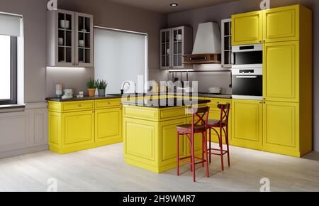 3d rendering. Cucina dal design luminoso. Foto Stock