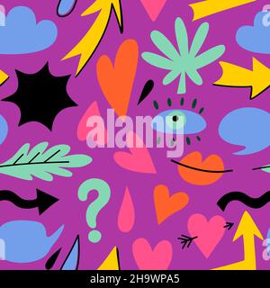 Motivo senza cuciture con elementi di design colorati disegnati a mano. Astratto forme semplici, cuori, frecce e foglie. Illustrazione Vettoriale