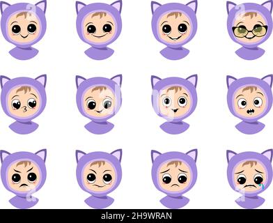 Set di avatar bambino con grandi occhi e ampio sorriso e diverse emozioni in gatto cappello. Bambino carino con faccia gioiosa, triste o arrabbiata in headdress di inverno Illustrazione Vettoriale